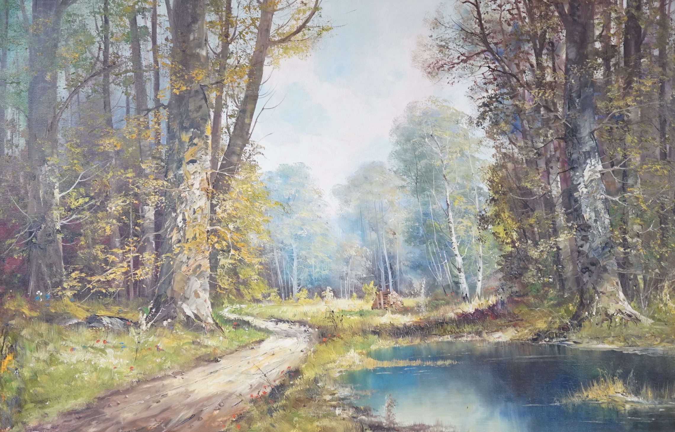 Joseph Fruhmesser (German 1929-1995), oil on canvas, Woodland path and steam, signed, 60 x 90cm